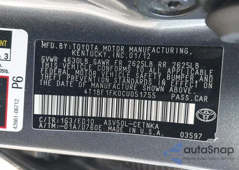 2012 Toyota Camry Le from USA, damaged, VIN 4T1BF1FK0CU051755